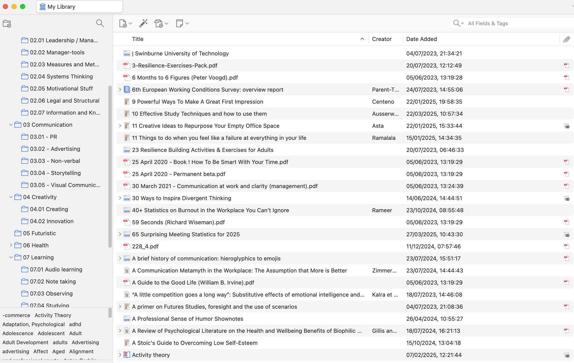 Screenshot of my Zotero Library of Learning Resources
