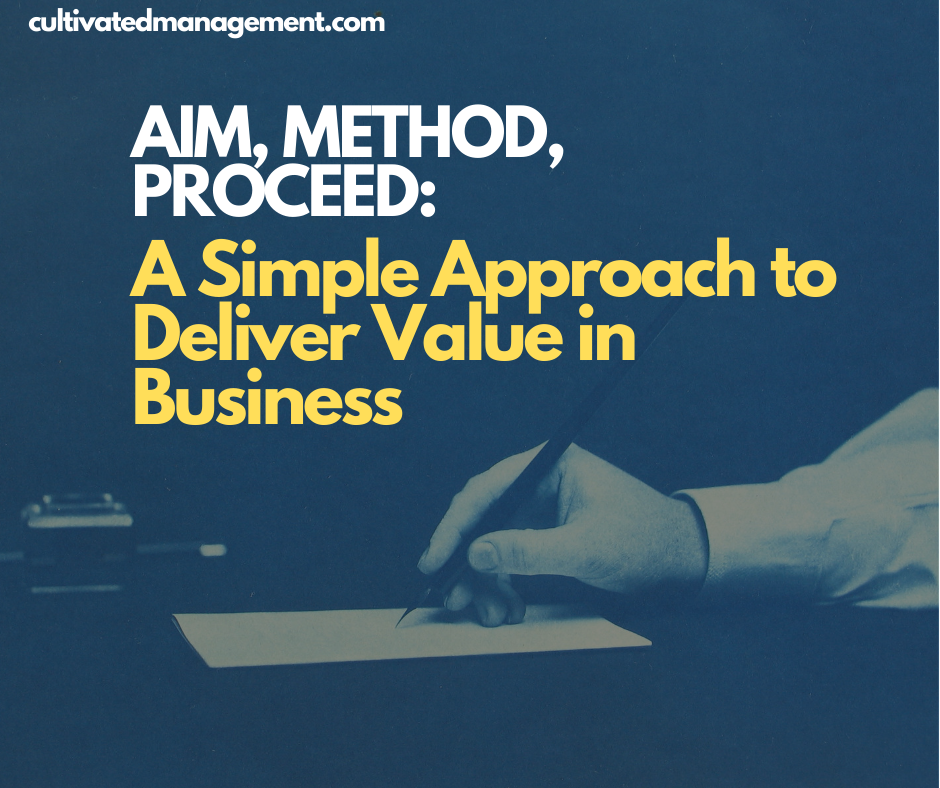 A photo of someone writing on paper with the words overlaid - Aim, Method, Proceed: A Simple Approach to Deliver Value in Business