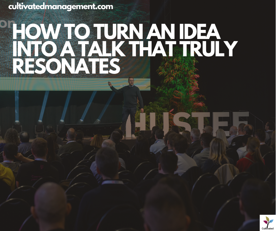 A photo of Rob Lambert on stage doing a keynote with the words overlaid - How to Turn an Idea Into a Talk That Truly Resonates