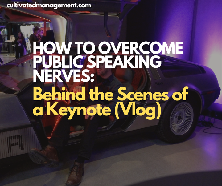 A photo of Rob Lambert in a Delorean with the words overlaid - How to Overcome Public Speaking Nerves: Behind the Scenes of a Keynote (Vlog)