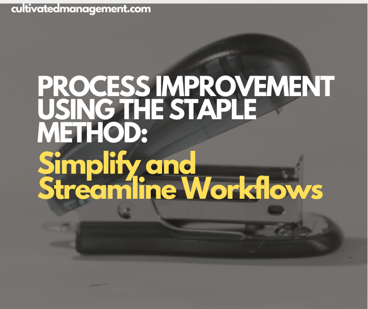 A photograph of a stapler with the words overlaid - Process Improvement Using the Staple Method: Simplify and Streamline Workflows