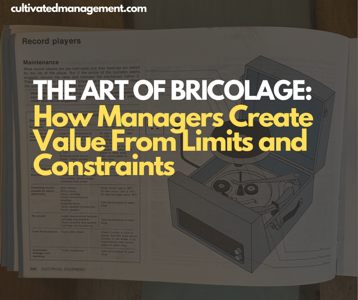 A photo of the Reader's Digest book with the words overlaid - The Art of Bricolage: How Managers Create Value From Limits and Constraints
