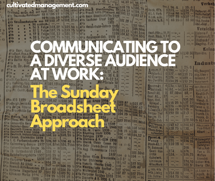 A photo of a newspaper with the words overlaid - Communicating to a Diverse Audience at work: The Sunday Broadsheet Approach