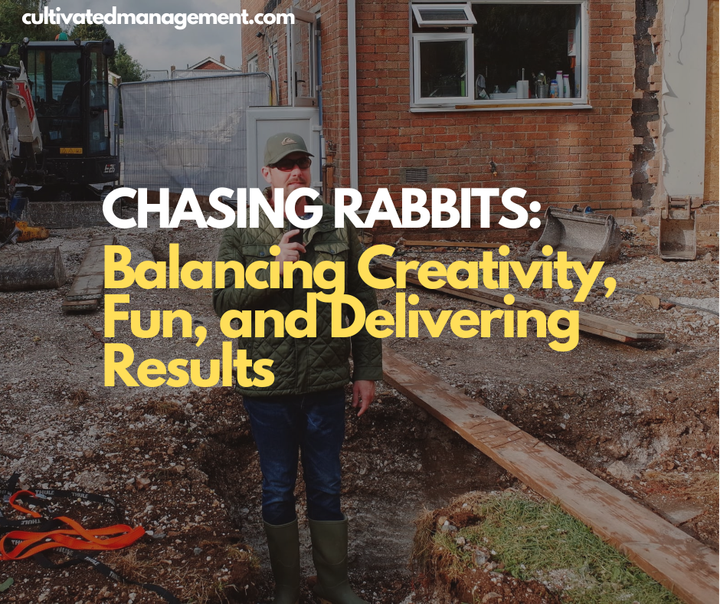Rob Lambert in the garden recording a podcast with the words overlaid - Chasing Rabbits: Balancing Creativity, Fun, and Delivering Results