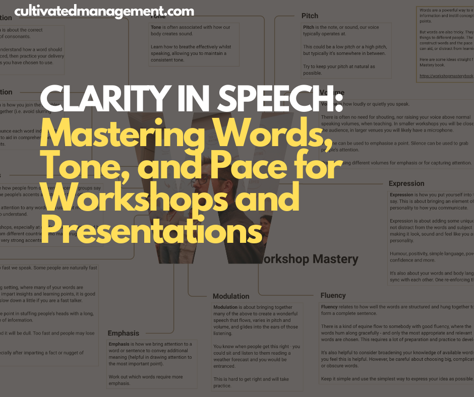 A photo of the speech patterns with the words overlaid - Clarity in Speech: Mastering Words, Tone, and Pace for Workshops and Presentations