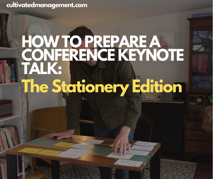 A photo of Rob Lambert shuffling index cards around on a table, with the words overlaid - How to Prepare a Conference Keynote Talk: The Stationery Edition
