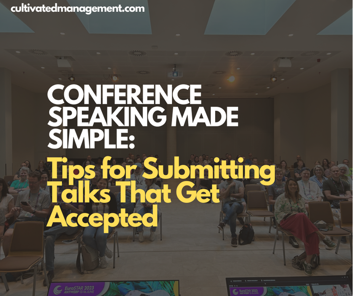 A photo of a conference room with the words overlaid - Conference Speaking Made Simple: Tips for Submitting Talks That Get Accepted