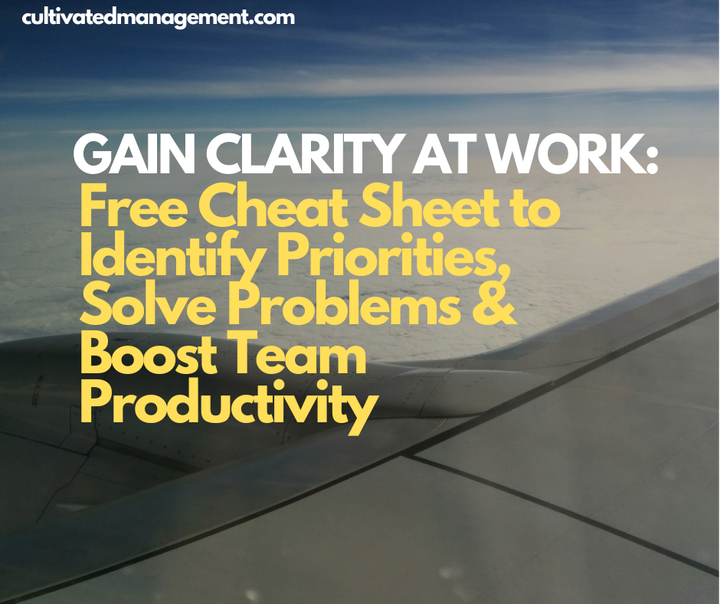 A photo out of an airplane window with the words overlaid - Gain Clarity at Work: Free Cheat Sheet to Identify Priorities, Solve Problems & Boost Team Productivity