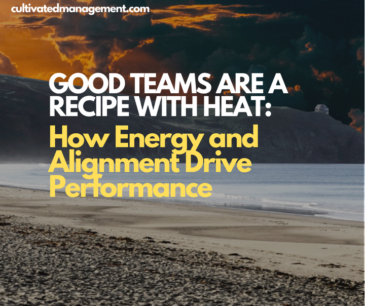 A photo collage of a landscape with the skyline looking like its on fire with the words overlaid - Good Teams Are a Recipe With Heat: How Energy and Alignment Drive Performance