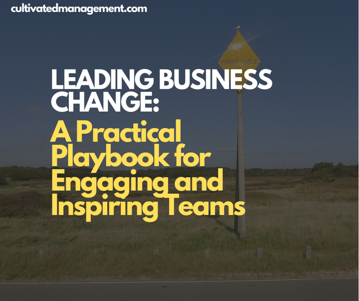 A photo of a solitary signpost with the words overlaid - Leading Business Change: A Practical Playbook for Engaging and Inspiring Teams