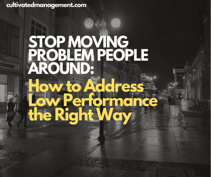 A photo of a team on a street with the words overlaid - Stop Moving Problem People Around: How to Address Low Performance the Right Way