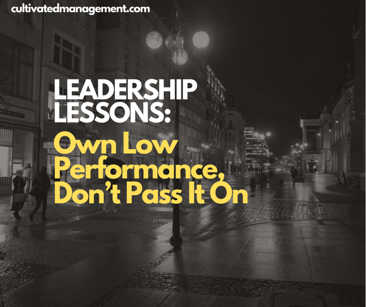 A photo of a night scene in Poland with the words overlaid - Leadership Lessons: Own Low Performance, Don’t Pass It On