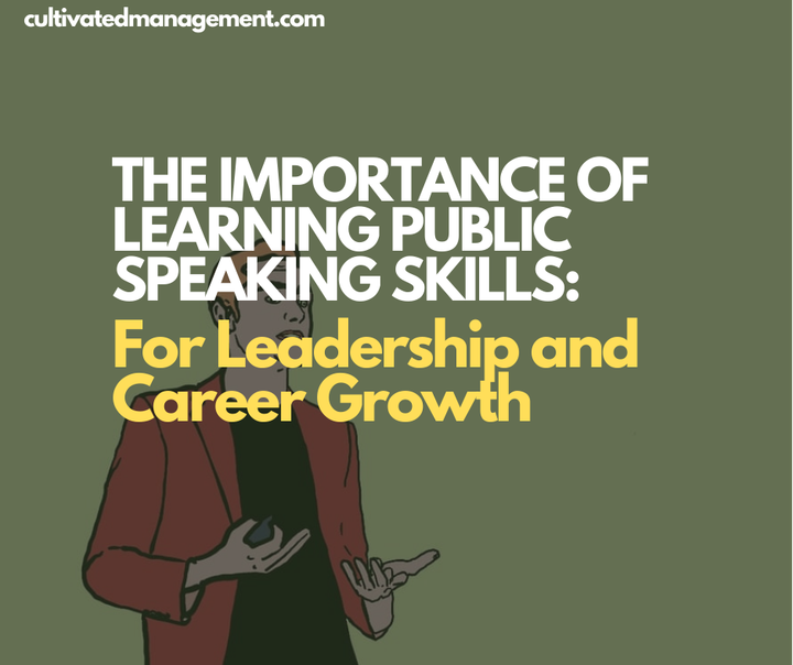 A drawing of someone presenting from the stage with the words overlaid - The Importance of Learning Public Speaking Skills: For Leadership and Career Growth