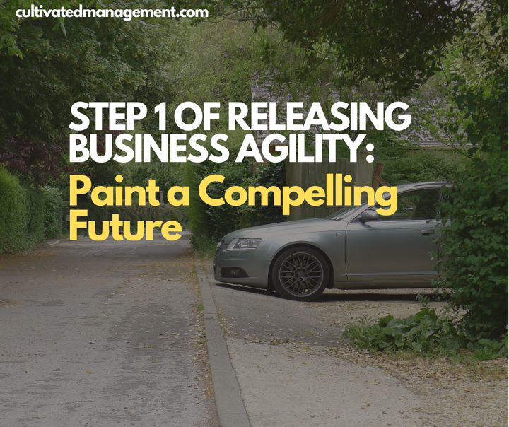 A photo of an audi with the words overlaid - Step 1 of Releasing Business Agility: Paint a Compelling Future