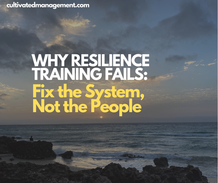 A photo of the seaside with the words overlaid - Why Resilience Training Fails: Fix the System, Not the People