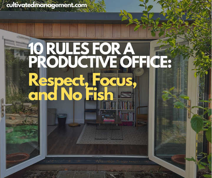 A photo of a garden office with the words overlaid - 10 Rules for a Productive Office: Respect, Focus, and No Fish