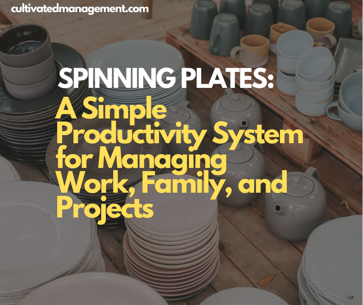 A photo of some plates with the words overlaid - Spinning Plates: A Simple Productivity System for Managing Work, Family, and Projects