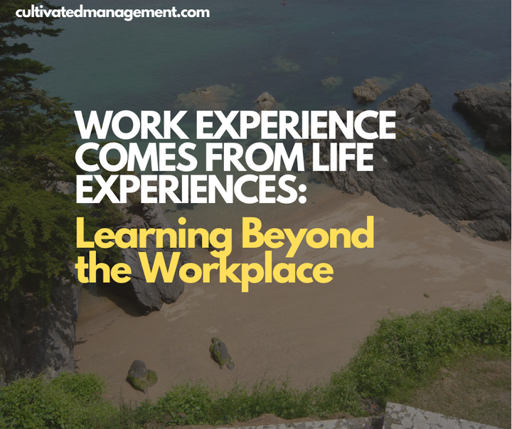 A photo of a private beach with the words overlaid - Work Experience Comes from Life Experiences: Learning Beyond the Workplace