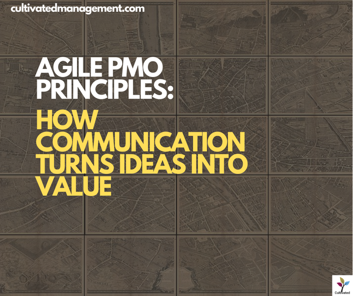 A photo of an old map of Paris from the Public Domain Image Archive with the words overlaid - Agile PMO Principles: How Communication Turns Ideas into Value