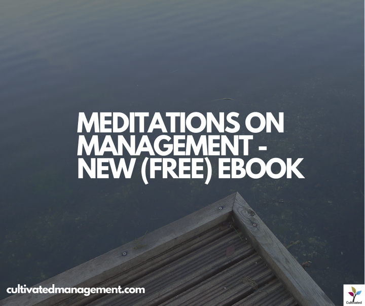 A photo of a lake with the words overlaid - Meditations on management - new (free) eBook