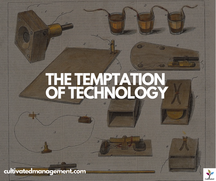 An image of the Edison Phonograph with the words overlaid - The Temptation of Technology