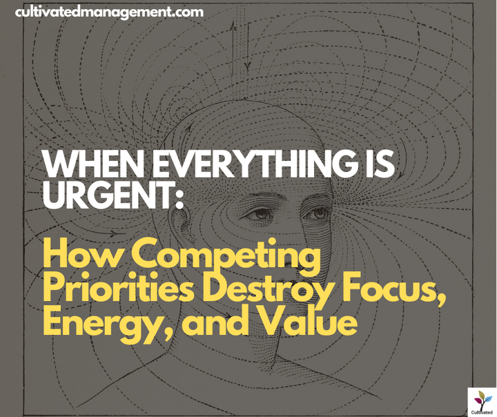 A drawing of a person with wave lengths circling their head with the words overlayed - When Everything Is Urgent: How Competing Priorities Destroy Focus, Energy, and Value