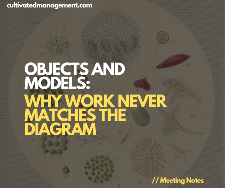 A drawing of animals within a circle - with the words overlaid - Objects and Models: Why Work Never Matches the Diagram