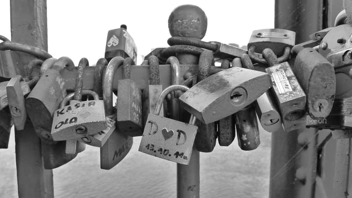 A photo of padlocks with names on them in Poland