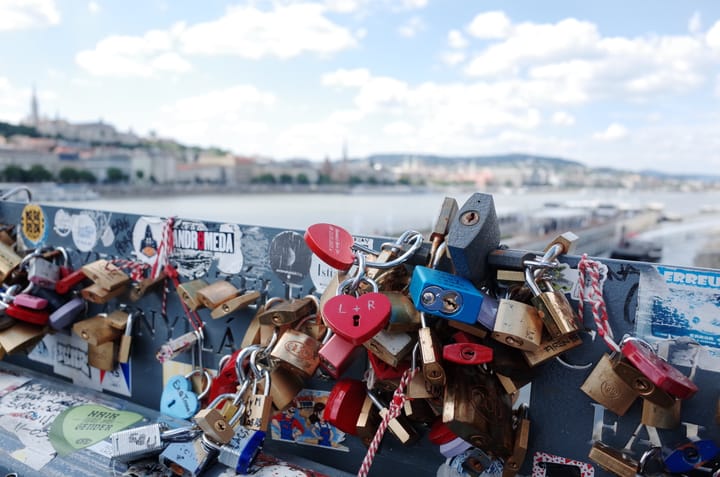A photo of some locks on a bridge in Budapest, Hungary