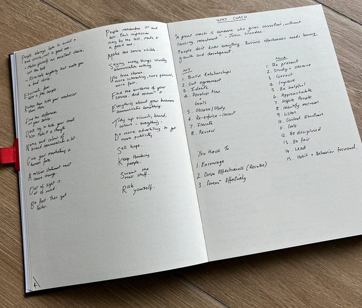 A photo of an A4 notebook with knowledge and information written in it