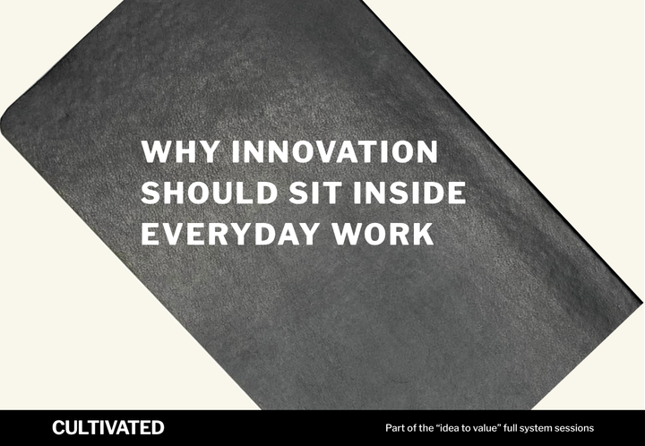 A photo of a notebook with the words overlaid - Why Innovation Should Sit Inside Everyday Work