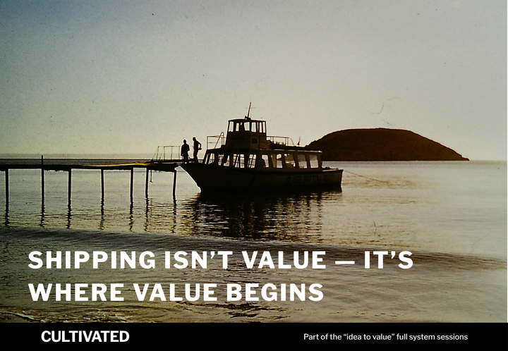 A photo of a boat docked at a pier with the words overlaid - Shipping Isn’t Value — It’s Where Value Begins