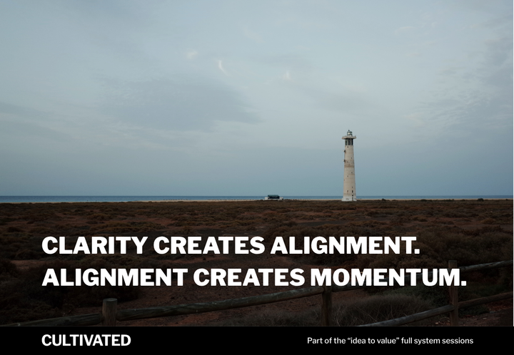 A photo of a lighthouse on the beach with the words overlaid - Clarity Creates Alignment. Alignment Creates Momentum.