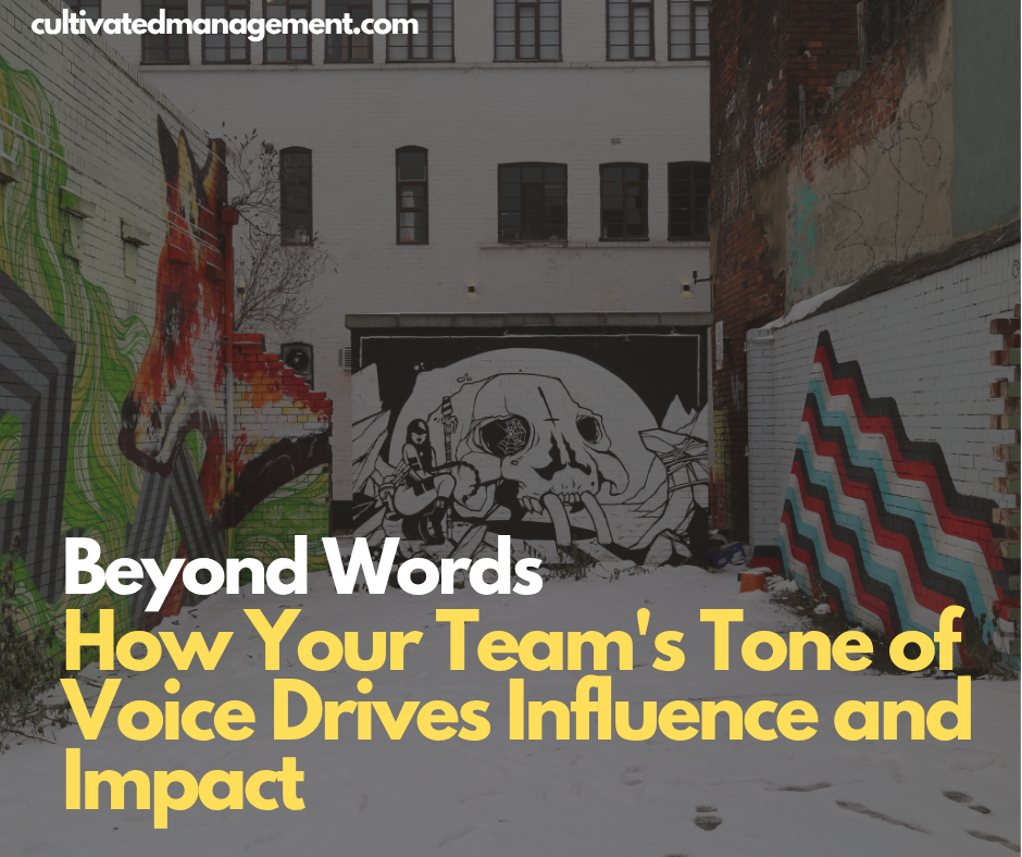 A photo of murals in Sheffield with the words "Beyond Words: How Your Team's Tone of Voice Drives Influence and Impact" on it