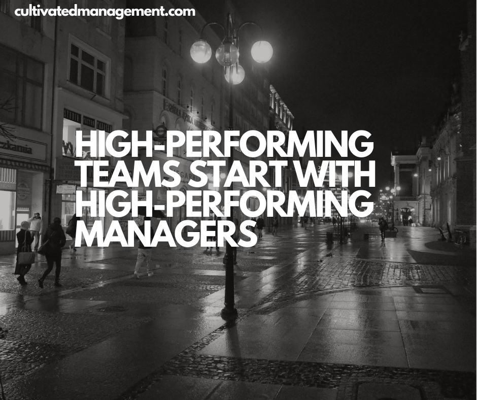A photo of Wroclaw, Poland at night with the words overlaid - High-Performing Teams Start with High-Performing Managers