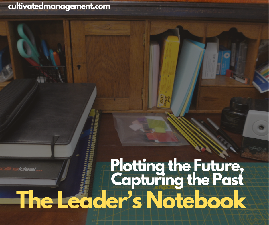 Poster to promote the post with a photo of some notebooks on the desk and the words The Leader's Notebook overlaid