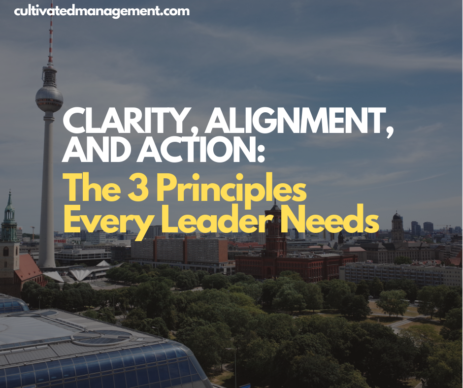 A photo of a Berlin cityscape with the words overlaid - Clarity, Alignment, and Action: The 3 Principles Every Leader Needs