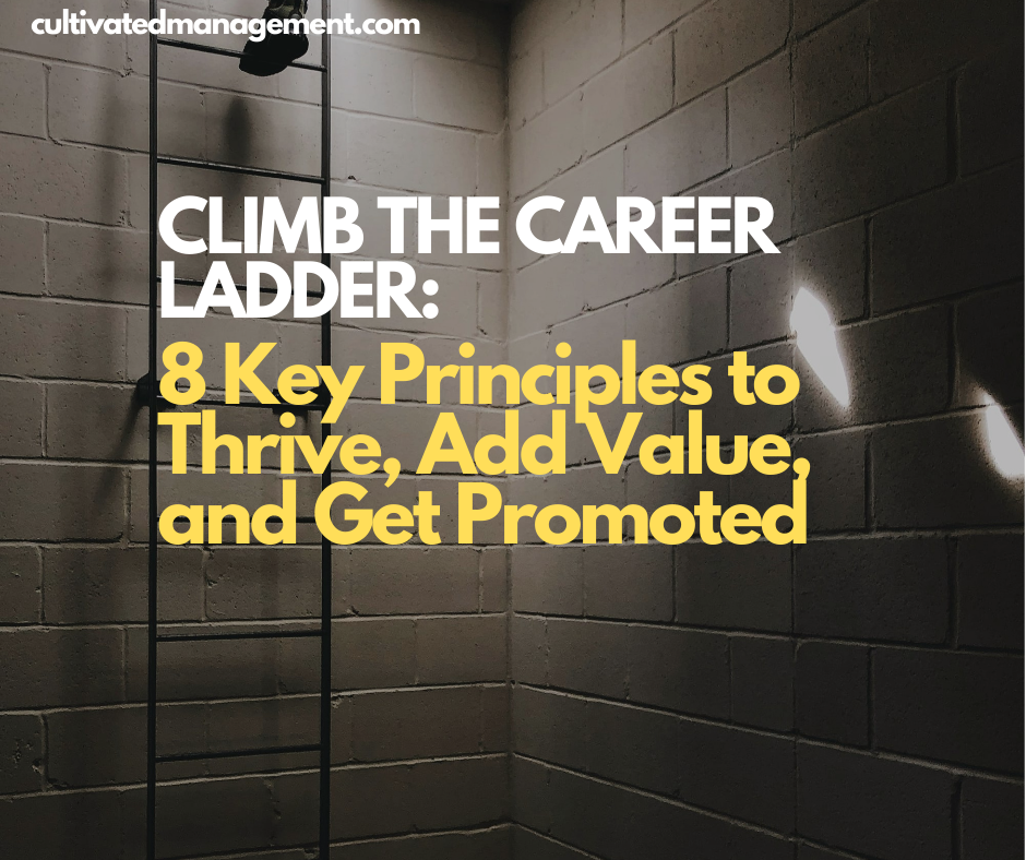 A photo of someone climbing a ladder with the words overlaid - Climb the Career Ladder: 8 Key Principles to Thrive, Add Value, and Get Promoted