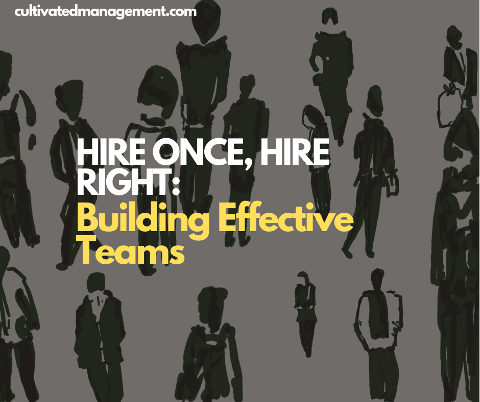 A drawing of lots of people with the words overlaid - Hire Once, Hire Right: Building Effective Teams