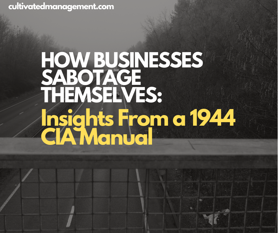 A photo of the A34 in Winchester with the words overlaid - How Businesses Sabotage Themselves: Insights From a 1944 CIA Manual