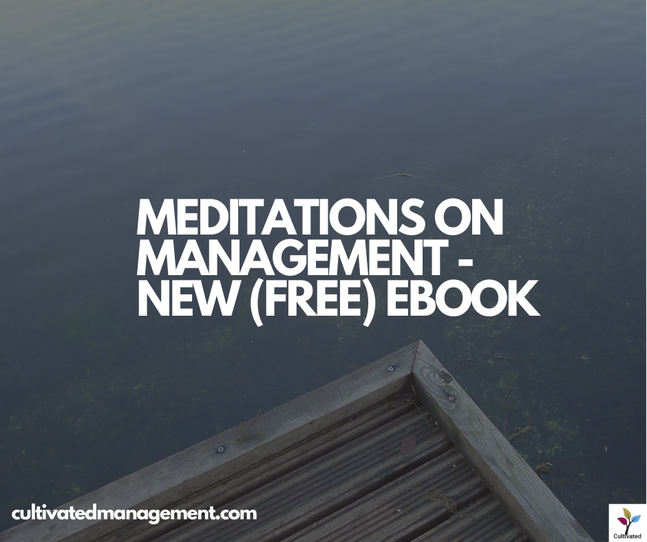 A photo of a lake with the words overlaid - Meditations on management - new (free) eBook