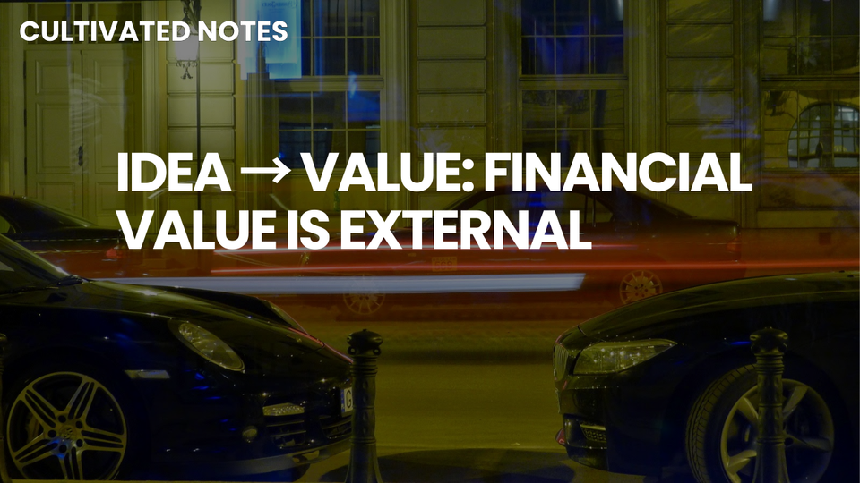 A photo of a car with the words overlayed - Idea → Value: Financial Value Is External